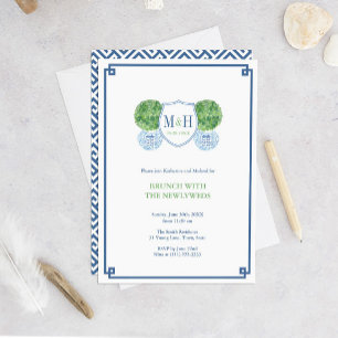 Invitación Desayuno Brunch Monograma Azul y Verde Inteligente