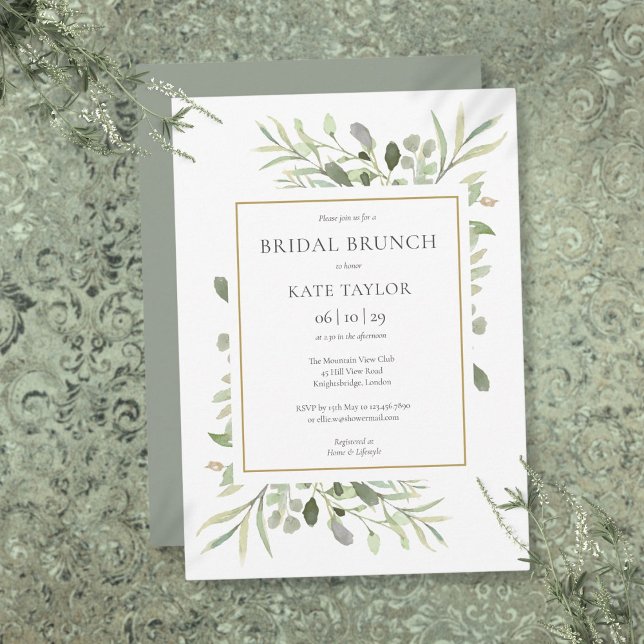 Invitación Desayuno Brunch Nupcial Chic Dorado Verde Acuarela (Watercolor Greenery Chic Gold Bridal Brunch Invitation)