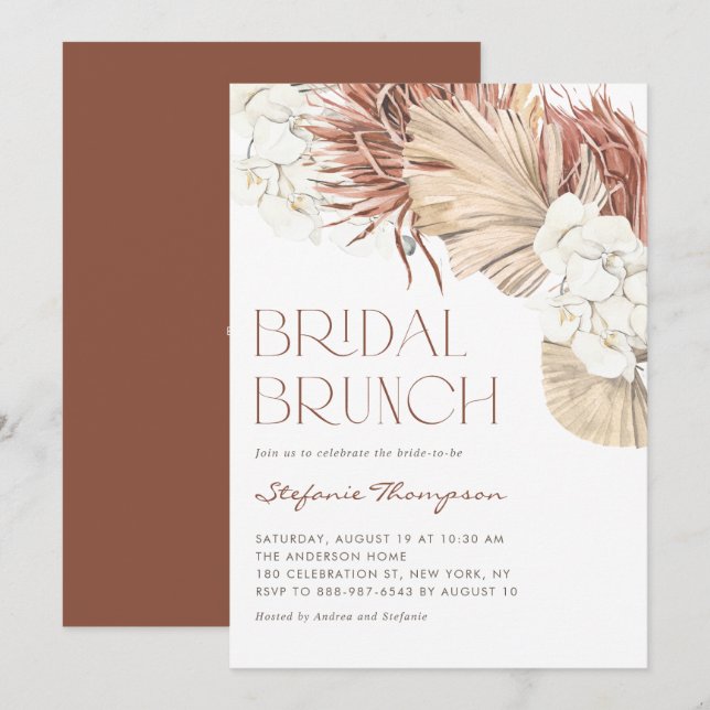 Invitación Desayuno Brunch Nupcial con Orquídeas Boho y Hojas (Anverso / Reverso)