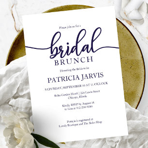Invitación Desayuno Brunch Nupcial de Caligrafía Blanca Azul 