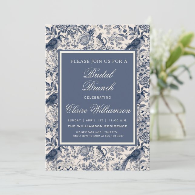 Invitación Desayuno Brunch Nupcial Floral Elegante Toile de A (Anverso de pie)