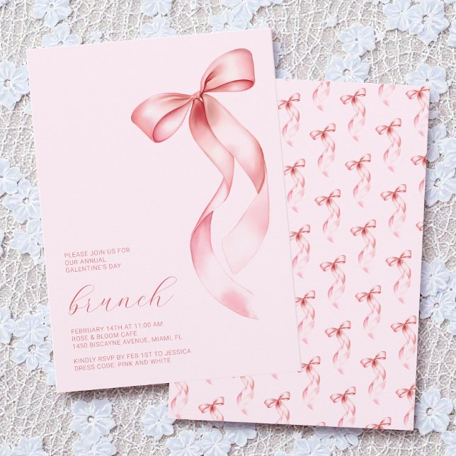 Invitación Desayuno Brunch Rosa Acuarela Chic para el Día de  (Watercolor Pink Bow Chic Galentine’s Day Brunch Invitation)