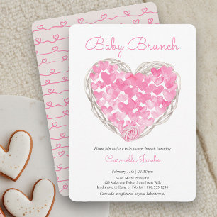 Invitación Desayuno Brunch Rosa Corazones Niña Rústica Baby S