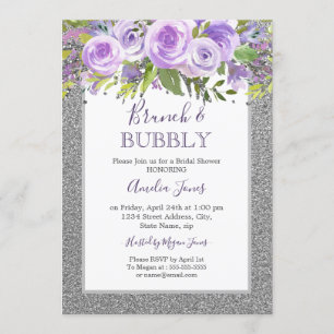 Invitación Desayuno Brunch Rosa Floral Plateada Púrpura y Duc