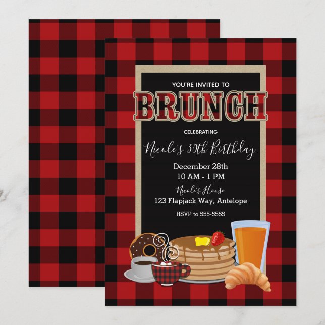 Invitación Desayuno Brunch Rústico Cuadro Rojo Negro Búfalo (Anverso / Reverso)