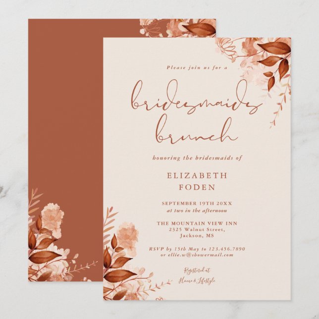 Invitación Desayuno Brunch Rústico Floral de Damas de Honor e (Anverso / Reverso)