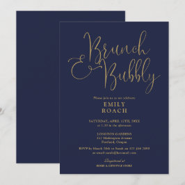 Invitación Desayuno Brunch y Burbujas Azul Marino y Dorado pa