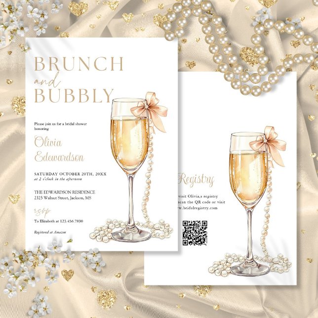 Invitación Desayuno Brunch Y Champagne Con Código QR Para Des (Brunch And Bubbly Champagne QR Code Bridal Shower Invitation)