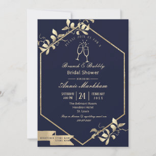 Invitación Desayuno burbuja dorado champán y azul oscuro