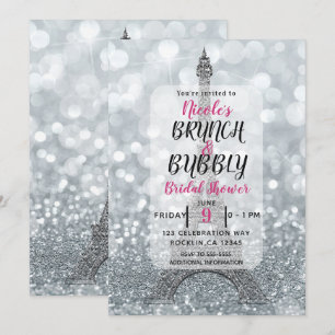 Invitación Desayuno burbujas Torre Eiffel brillo purpurina pl