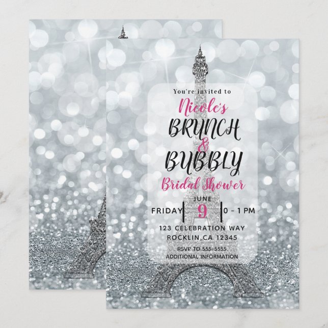 Invitación Desayuno con Brillo Plateado Torre Eiffel Burbujea (Anverso / Reverso)