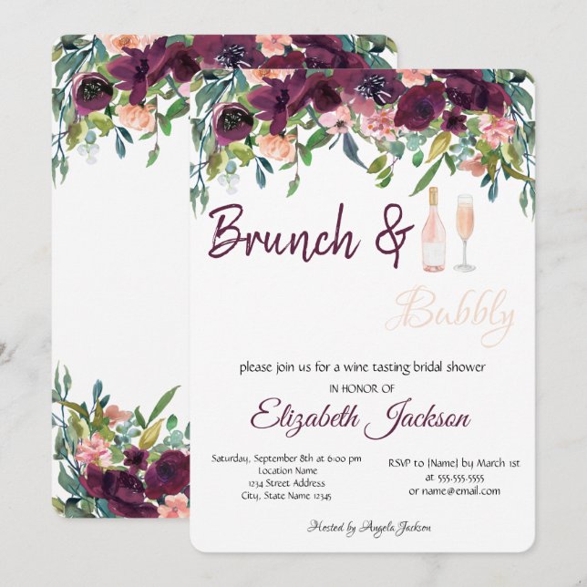 Invitación Desayuno con flores de Borgoña y burbujas para des (Anverso / Reverso)