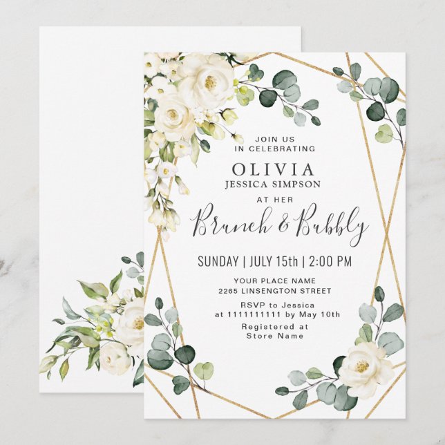 Invitación Desayuno con flores de rosa blanca y eucalipto & b (Anverso / Reverso)