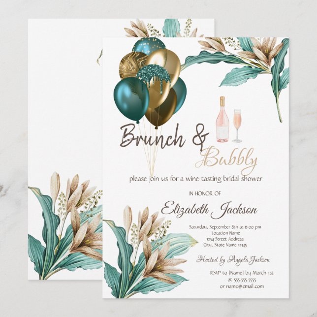 Invitación Desayuno con flores, globos y burbujas para desped (Anverso / Reverso)