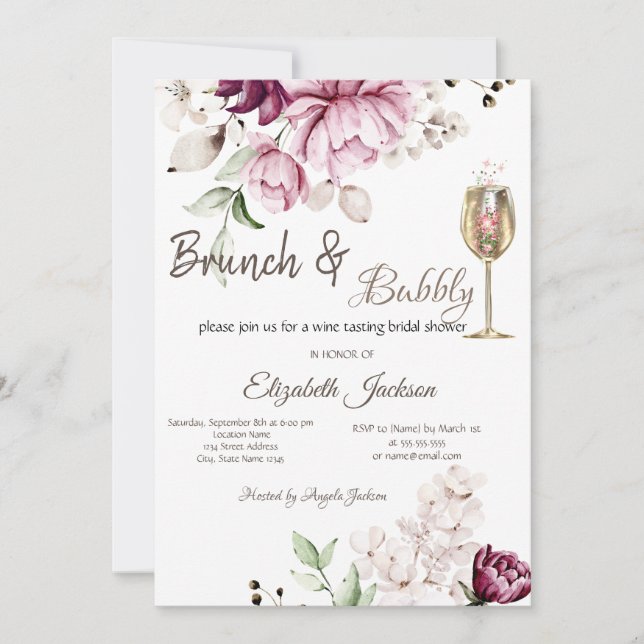 Invitación Desayuno con flores violetas y burbujas para despe (Anverso)