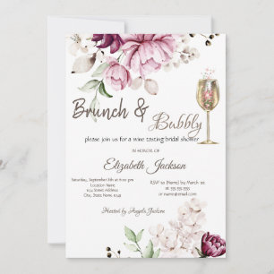 Invitación Desayuno con flores violetas y burbujas para despe