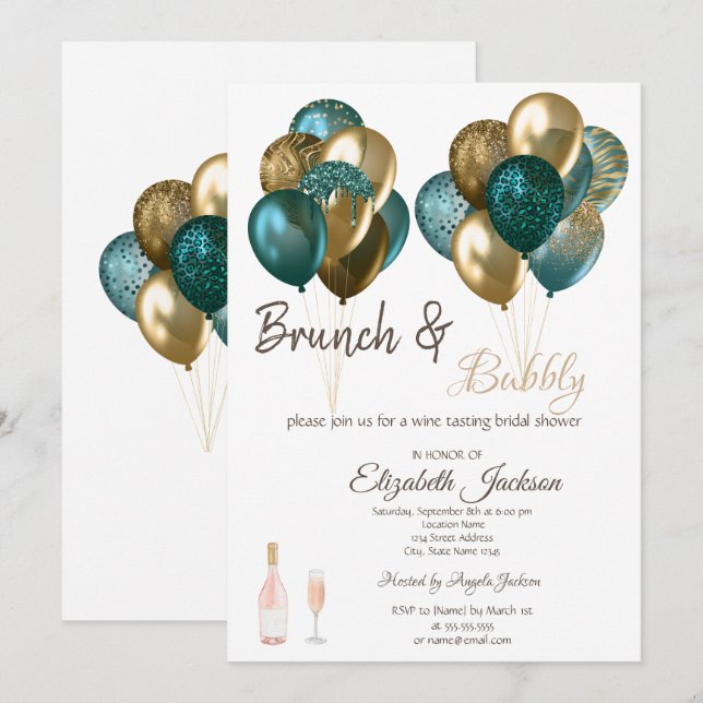 Invitación Desayuno con Globos Elegantes y Burbujas para Desp (Anverso / Reverso)