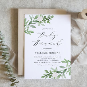 Invitación Desayuno de bebé con flores verdes y blancas al ac