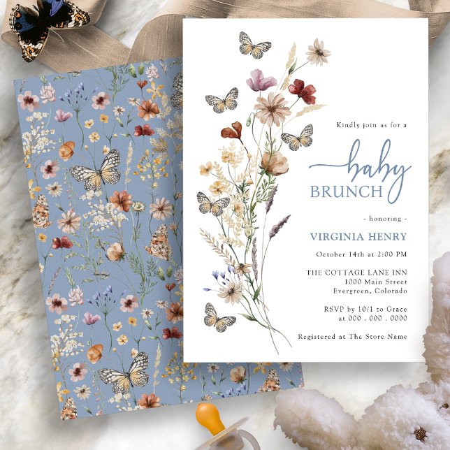 Invitación Desayuno de bebé silvestre bohemio azul (Dusty Blue Boho Wildflower Baby Brunch Invitation with Butterflies by Painted Paperie
)