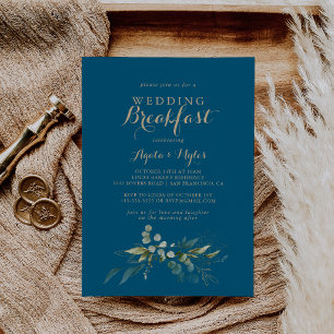 Invitación Desayuno de boda dorado con vegetación de salvia y
