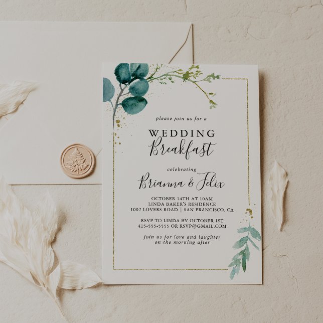 Invitación Desayuno de Boda Floral Tropical con Verde de Oro (Subido por el creador)