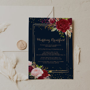 Invitación Desayuno de boda rojo brillo dorado geométrico