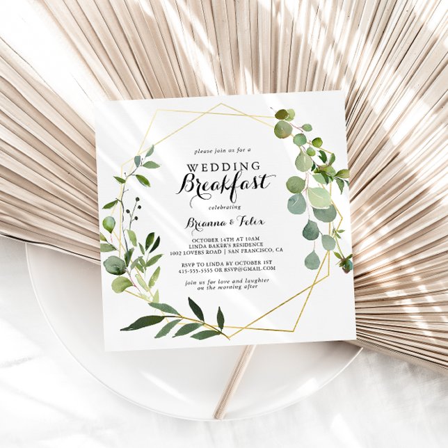 Invitación Desayuno de Boda verde tropical de oro geométrico (Subido por el creador)