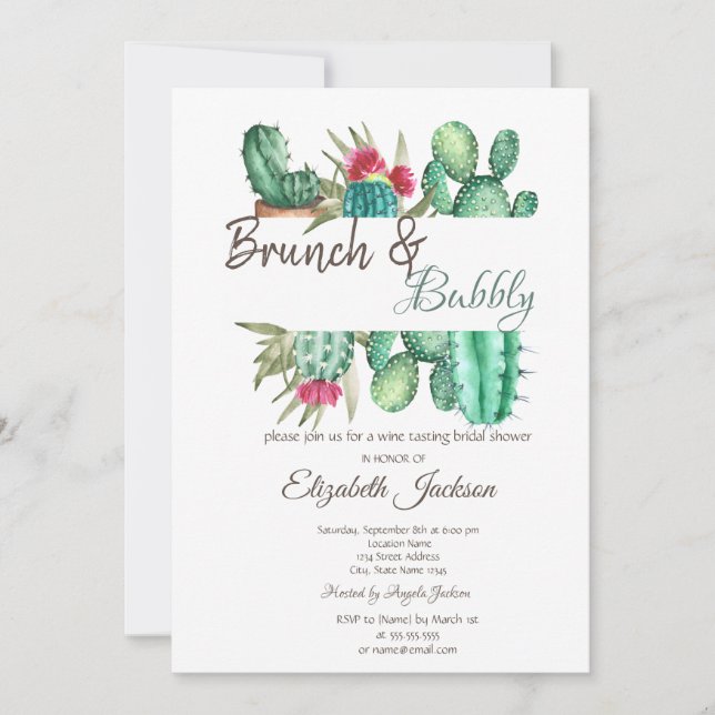 Invitación Desayuno de Cactus con Acuarela y Burbujas (Anverso)