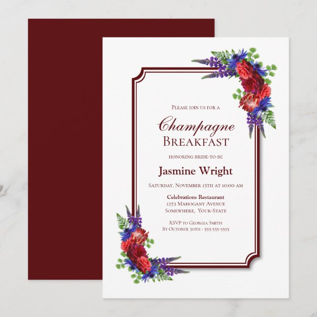 Invitación Desayuno de champán borgoña y floral azul (Anverso / Reverso)