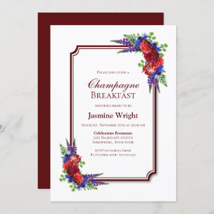 Invitación Desayuno de champán borgoña y floral azul