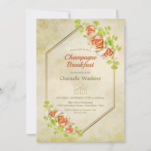 Invitación Desayuno de champán con floral dorada (Anverso)
