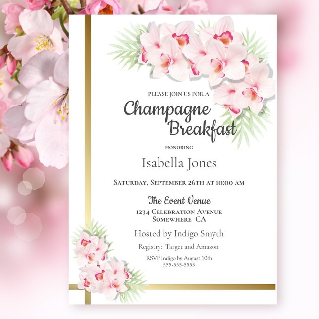 Invitación Desayuno de champán con flores rosadas y doradas (Subido por el creador)