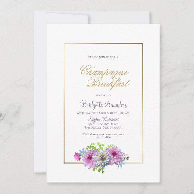 Invitación Desayuno de champán rosa floral Ducha de novia (Anverso)