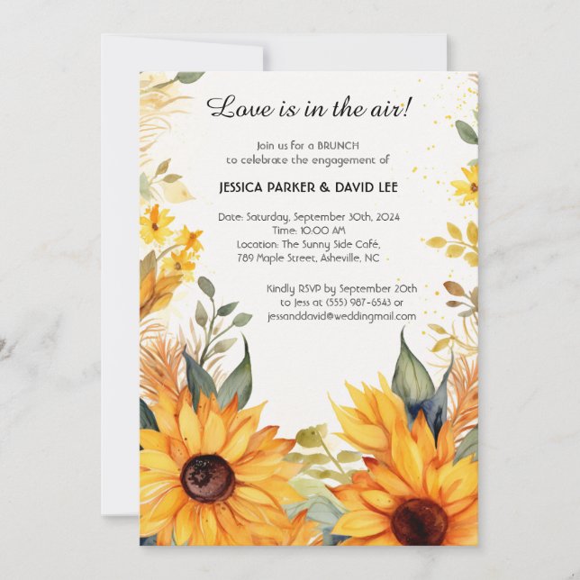 Invitación Desayuno de compromiso con girasoles rústicos (Anverso)