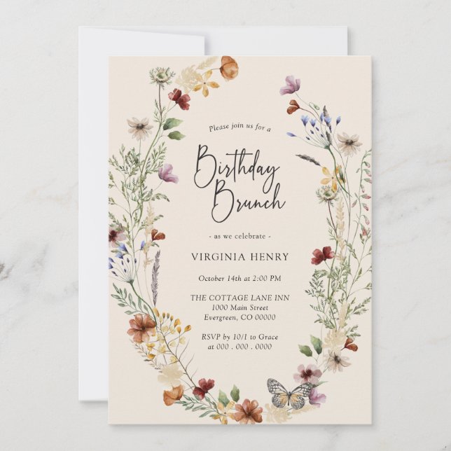 Invitación Desayuno de cumpleaños boho con flores silvestres (Anverso)