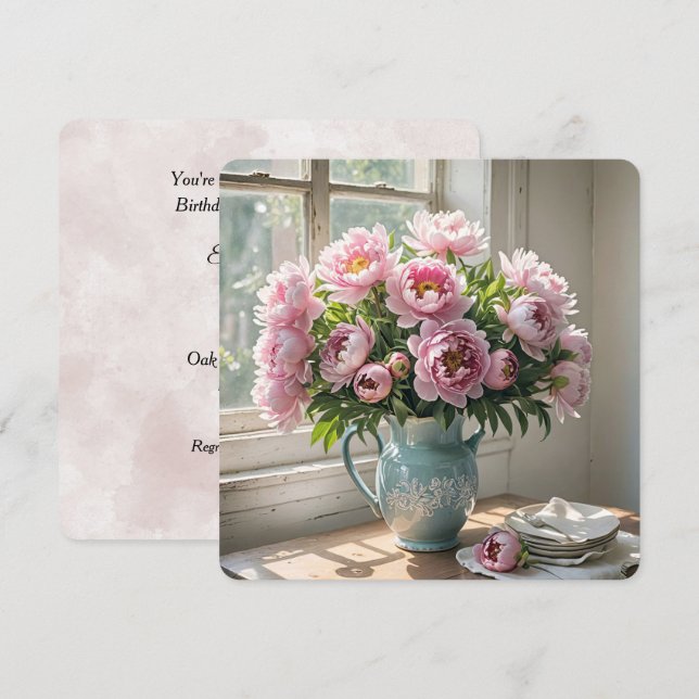 Invitación Desayuno de cumpleaños Brunch Peony Bouquet (Anverso / Reverso)