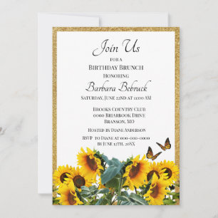 Invitación Desayuno de cumpleaños con girasoles dorados con p