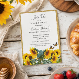 Invitación Desayuno de cumpleaños con girasoles dorados con p