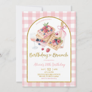 Invitación Desayuno de cumpleaños con lazo de gingham rosa co