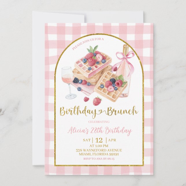 Invitación Desayuno de cumpleaños con lazo de gingham rosa co (Anverso)