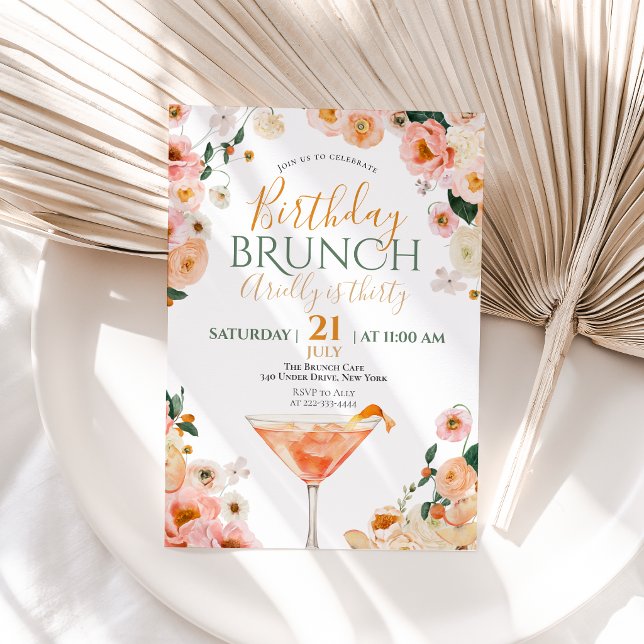 Invitación Desayuno de cumpleaños número 30 con cóctel floral (Watercolor Floral Cocktail 30th Birthday Brunch Invitation)