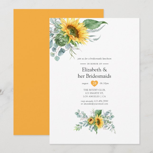 Invitación Desayuno de Damas de Honor con Tema de Girasoles y (Anverso / Reverso)