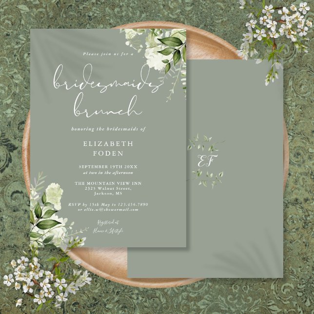 Invitación Desayuno de Damas de Honor Verde Floral Verde Sagr (Greenery Floral Sage Green Bridesmaids Brunch Invitation)