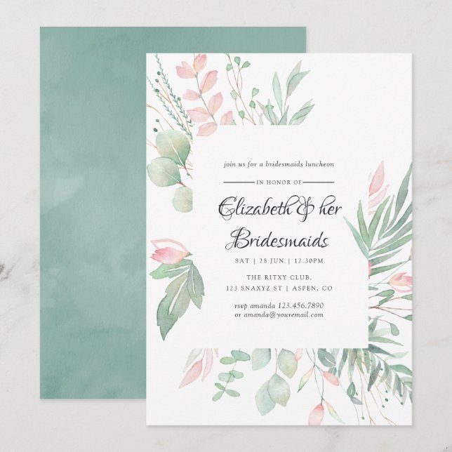 Invitación Desayuno de damas de Pastel Blush Greenery (Anverso / Reverso)