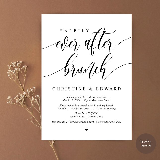 Invitación Desayuno de Elopement Felices para Siempre (Happily Ever After Elopement Brunch Invitation Card, Post-wedding, PDF, in Black and White)