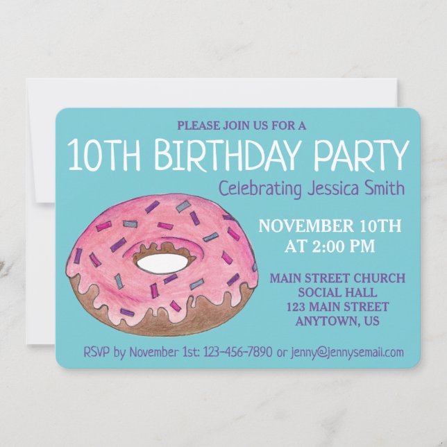 Invitación Desayuno de fiesta de cumpleaños de Pink Donut Dou (Anverso)