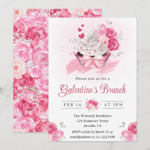 Invitación Desayuno de Galentine con pastel y flores en acuar
