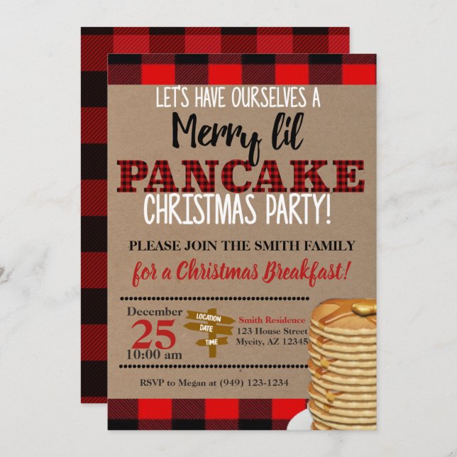 Invitación Desayuno de Navidades Flannel Merry Lil Pancake (Anverso / Reverso)