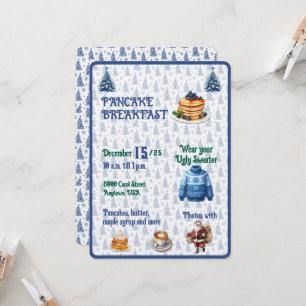 Invitación Desayuno de panqueques de Navidad azul y blanco