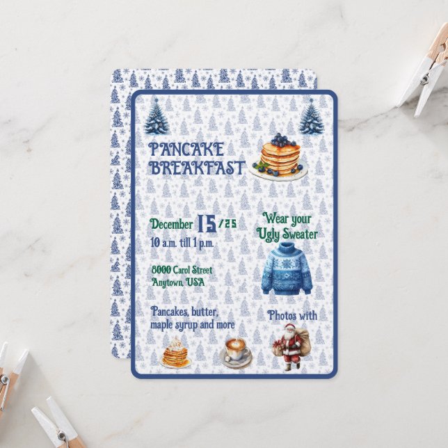 Invitación Desayuno de panqueques de Navidad azul y blanco (Anverso/Reverso In Situ)